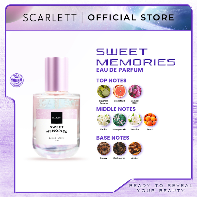 Kemasan Scarlett Whitening Eau De Parfum Sweet Memories, parfum elegan dan tahan lama